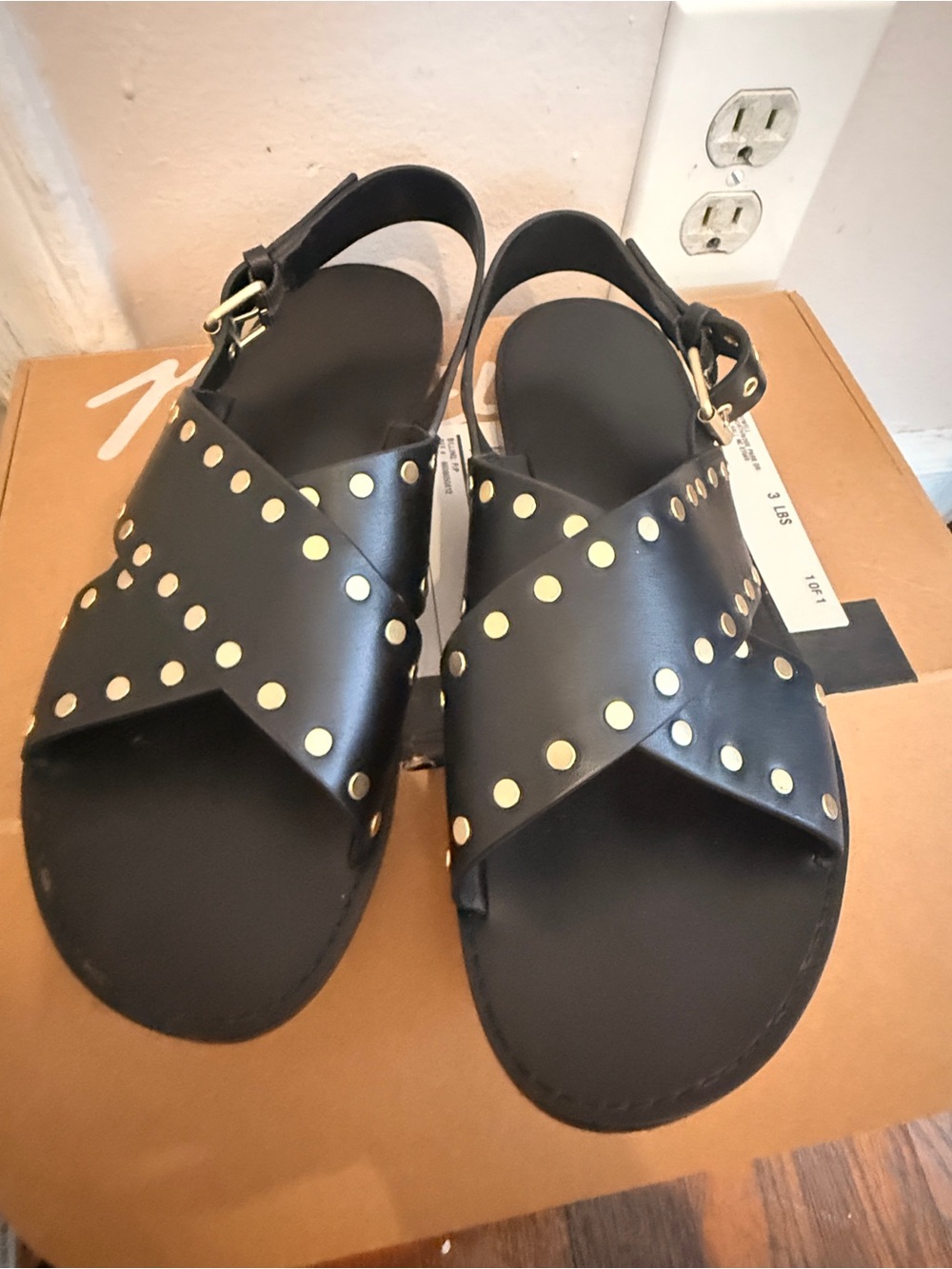 Madewell Black Studded Leather Cross-Strap Women's Sandals size 9